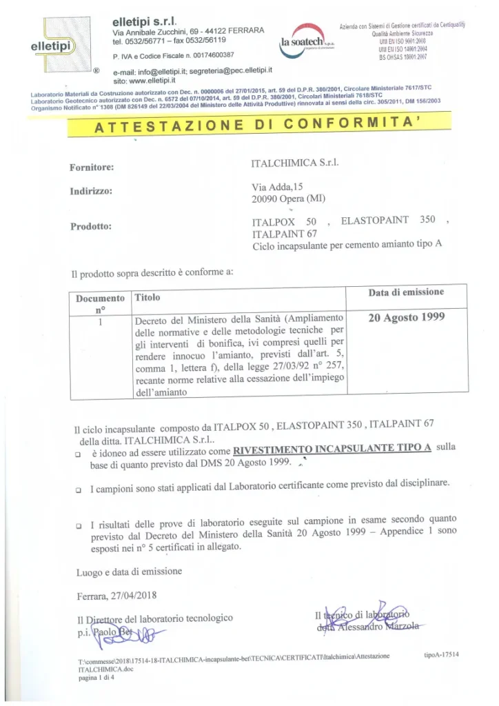 Certificato per l'incapsulamento dell'amianto