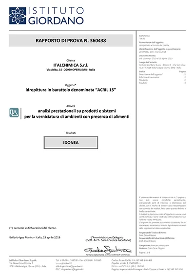 Documento: Rapporto di prova ACRIL 15 UNI 11021