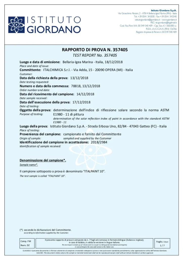 Certificato di riflettanza solare SRI di Italpaint 10